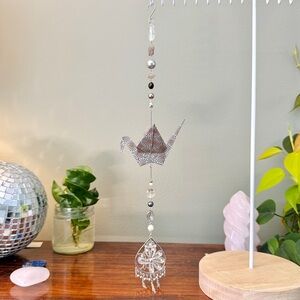 Origami Ornament #2347 - Large Crane with Repurposed Pendant